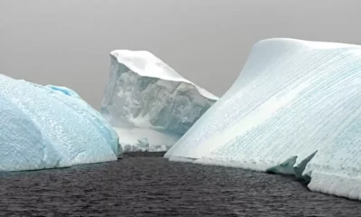 Photograph by Arnold Zageris featuring a dark ocean with three icebergs and a grey sky