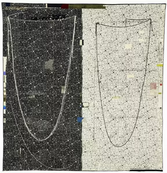 Textile work by Dorothy Caldwell. Two black and white panels with multiple marks. Two large cup like forms.