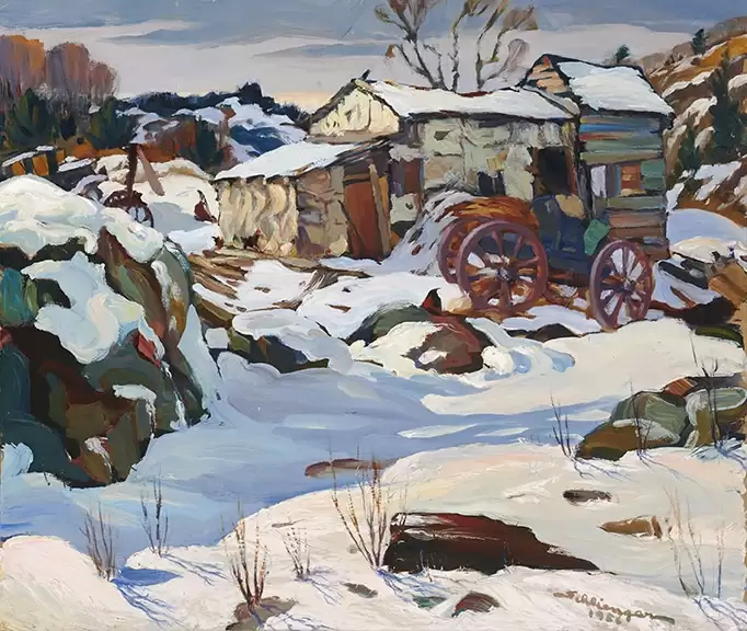 oil painting of a stable covered in snow in winter by Oskar Schlienger