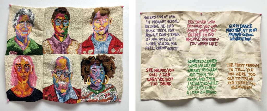 hand embroidered tapestries with portraits and text