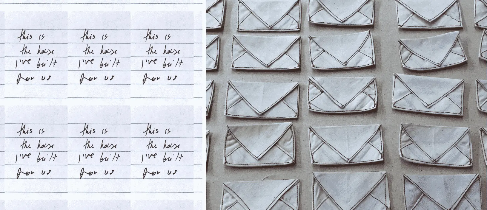 fabric printed notes on the left and textile envelopes on the right