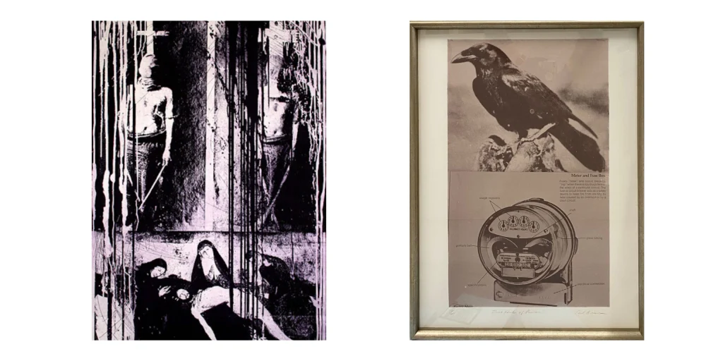 Carl Beam's The Unexplained shows two masked bodies on the Cross, and Jesus held by nuns. Carl Beam's "Two Kinds of Power" depicts a raven and a diagram of a fusebox.