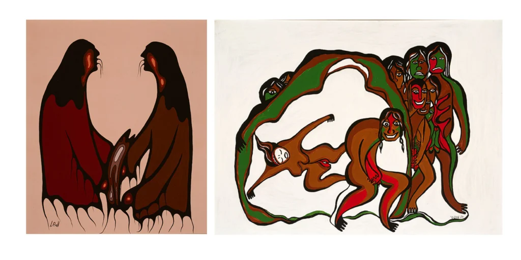 Bell's image depicts two seated figures in brown paint. Odjig's shows several figures in brown, green, and red huddled together.