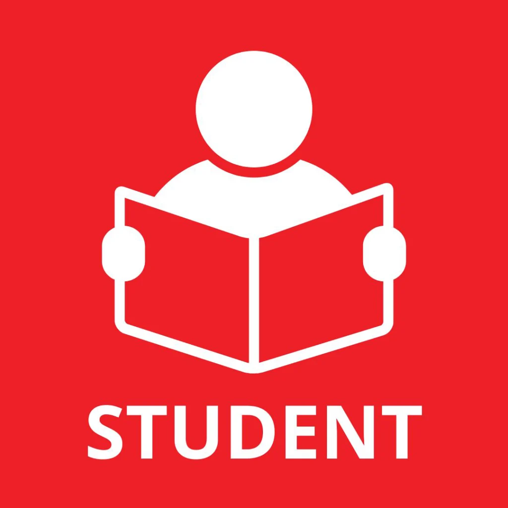 Student Membership Icon. Red background with white graphic of a person reading a book