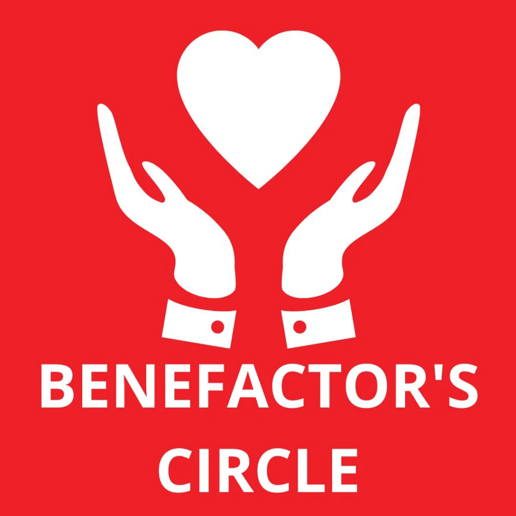 Benefactors Circle Icon. Red background with white graphic of two hands holding up a heart