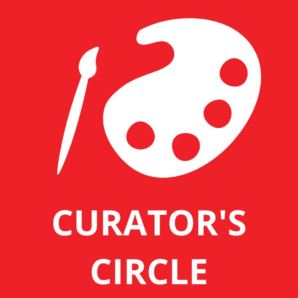 Curators Circle Icon. Red background with white graphic of a paint palette and paintbrush