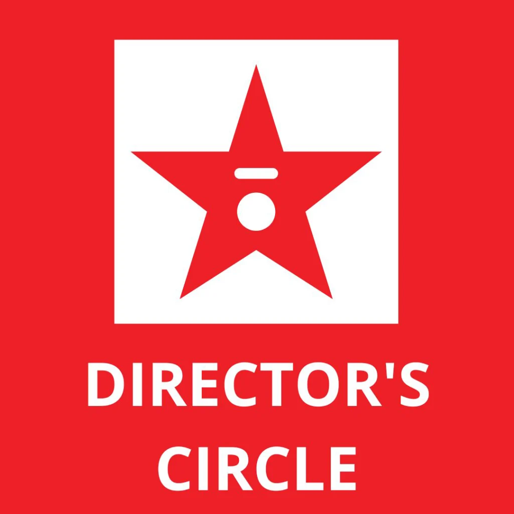 Directors Circle Icon. Red background with graphic of a red star inside a white square