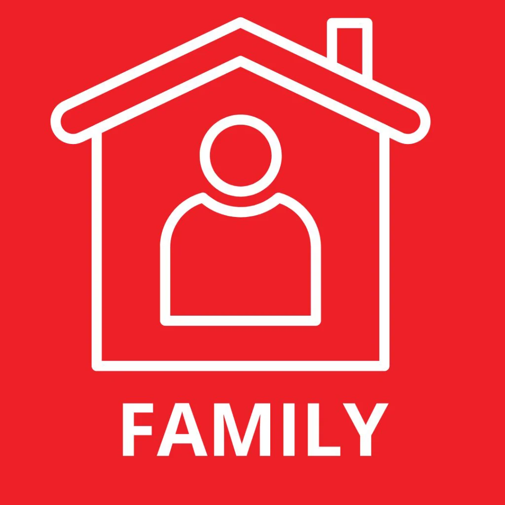 Family Membership Icon. Red background with white graphic of a person inside a house