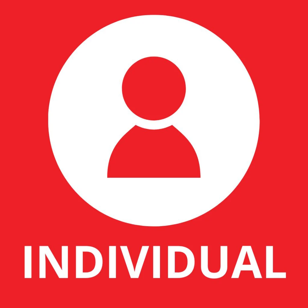 Individual Membership Icon. Red background with white circular graphic of a person