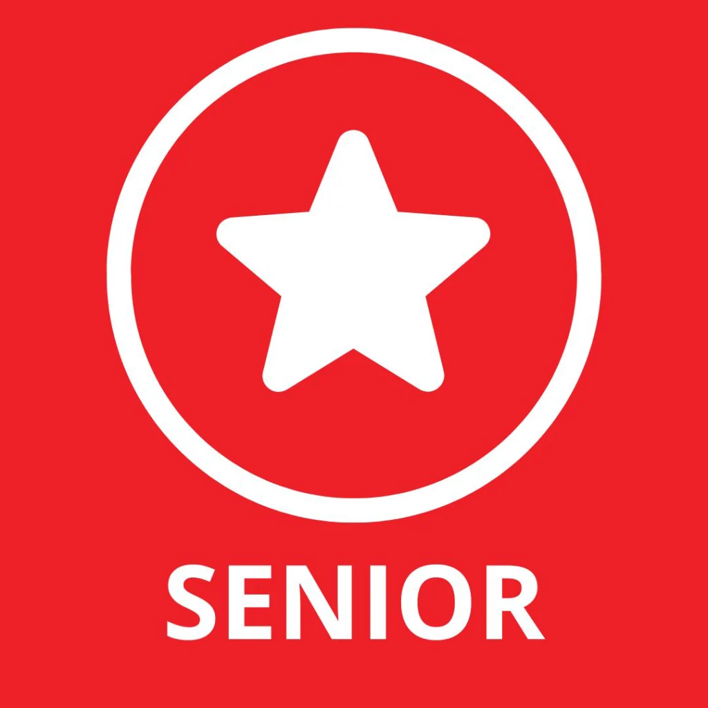 Senior Membership Icon. Red background with white circle, inside that circle is a white star