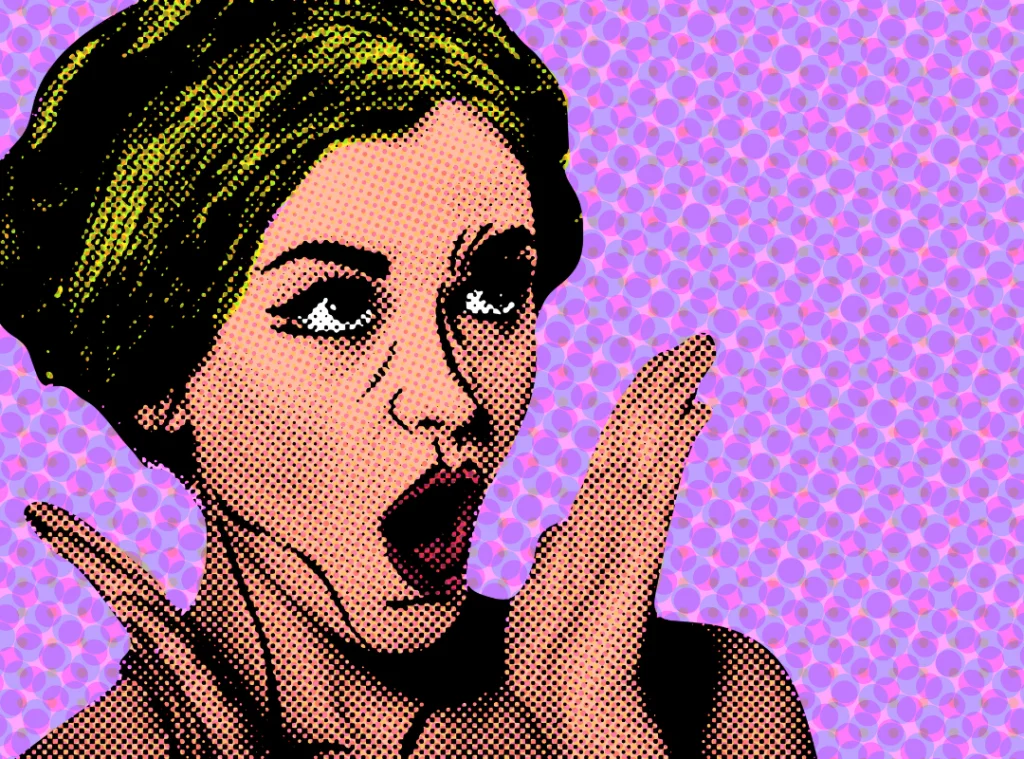 Purple background with dots with a female figure holding her hands up in surprise in the pop art style