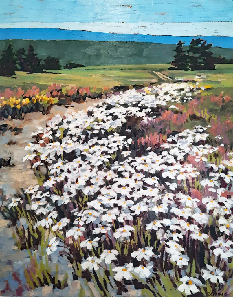 Painting by Laurie De Camillis of a field of white, yellow and pink wildflowers. In the background is green grass and a hill with blue sky