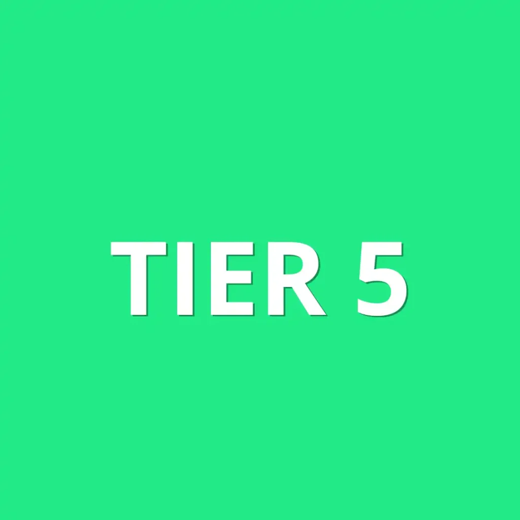 Green background with white text that says: Tier 5