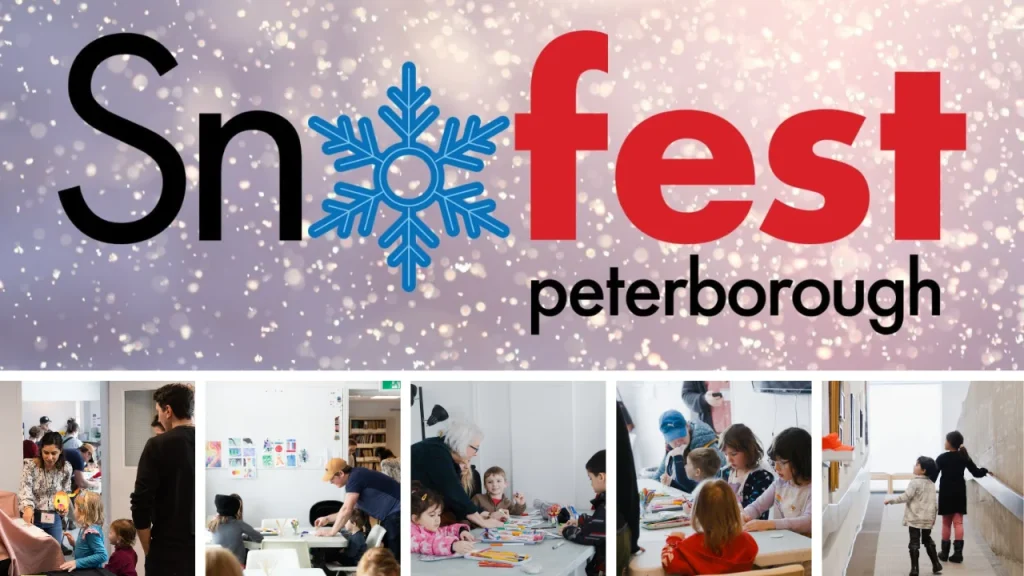 Snofest Peterborough logo with a complication of images of children and families in the AGP studio making crafts