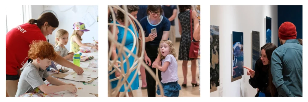 Complication of three photos of families and children enjoying programming at the Art Gallery of Peterborough