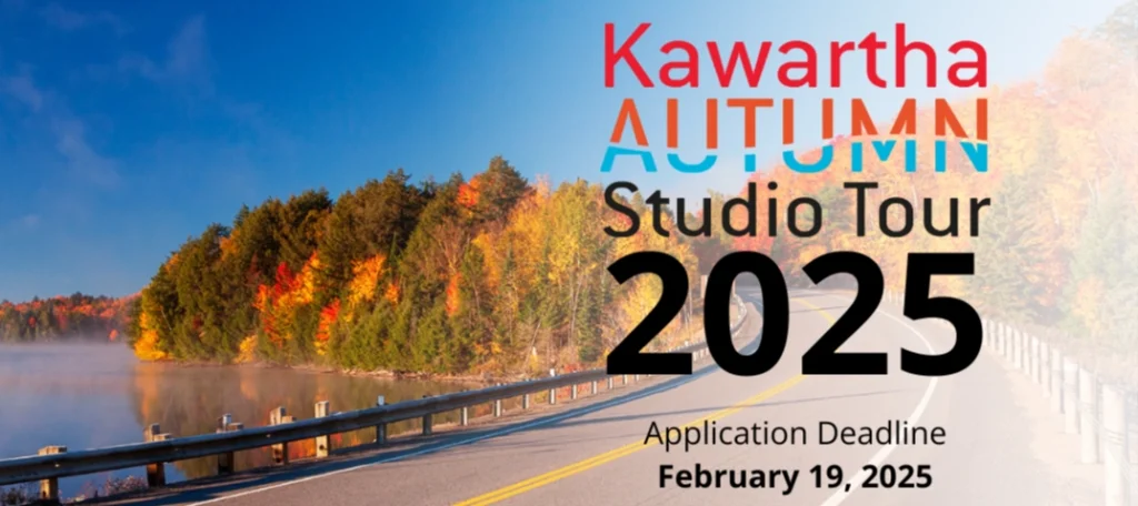 a road and forest in autumn with the text: Kawartha Autumn Studio Tour 2025, Application Deadline February 19, 2025