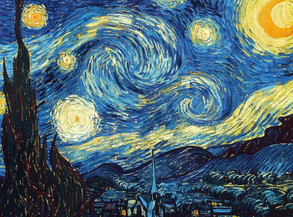 Van Gogh's painting of "Starry Night" featuring swirling brushstrokes of a city below a night sky