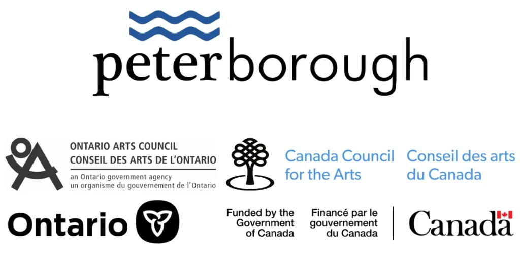 logos from: the city of Peterborough, Ontario arts council, province of Ontario, Canada council for the arts, and the government of Ontario