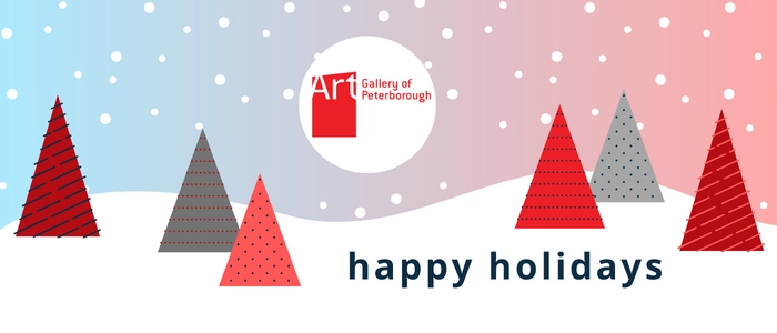 happy holidays from the Art Gallery of Peterborough graphic with red trees