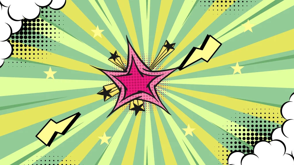 A vibrant comic-style explosion graphic with a pink starburst in the center, yellow lightning bolts, and dynamic green and yellow radial lines.
