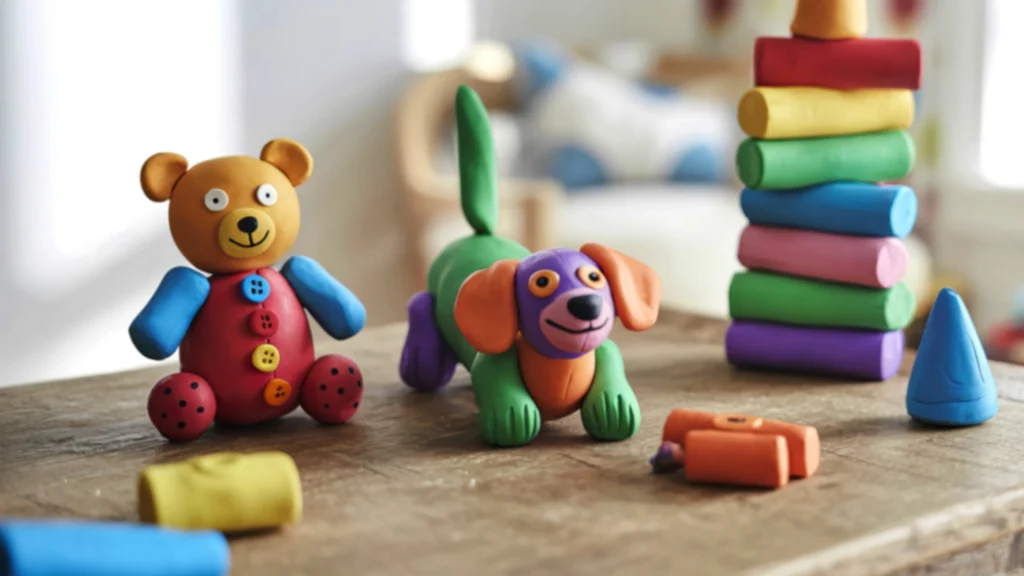 Clay figures of a teddy bear and a dog are placed on a wooden table. A colorful stack of clay blocks is on the right, conveying creativity and playfulness.