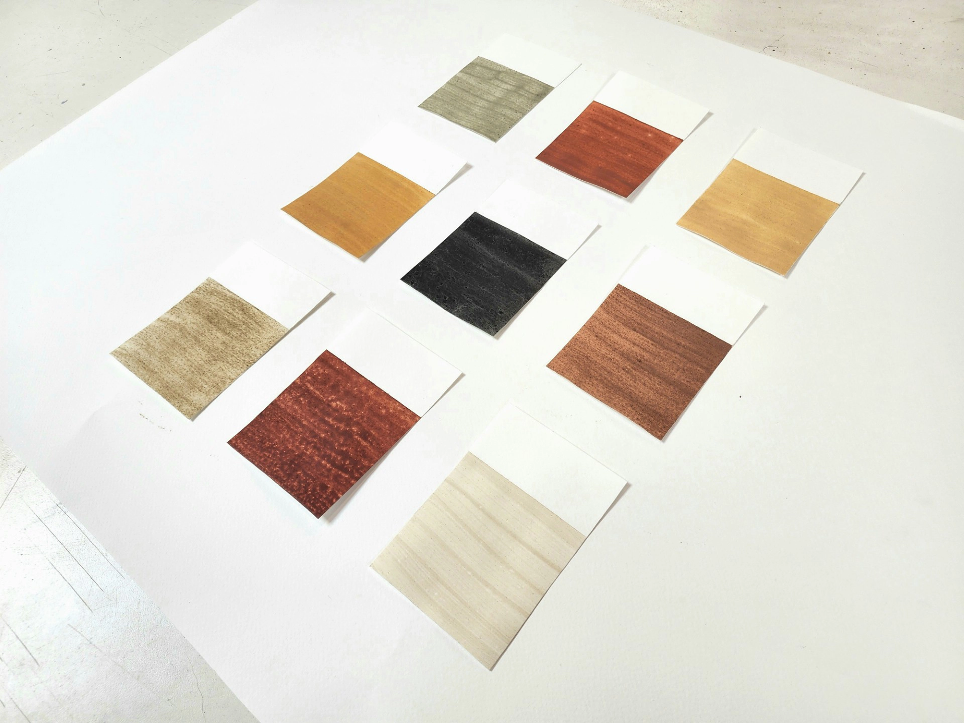 Nine rectangular color swatches arranged in a grid on a white surface. They feature earthy tones, including browns, black, beige, and copper hues.