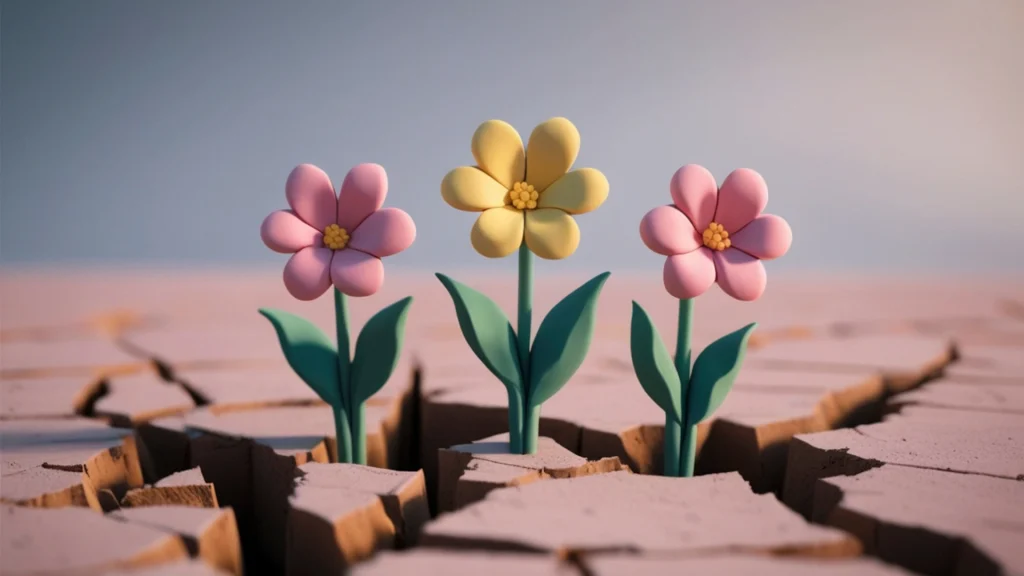 Three cartoon flowers—pink, yellow, pink—bloom vibrantly from cracked, dry soil.