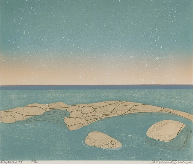 Artwork by Anne Meredith Barry of a calm ocean scene with large, smooth rocks extending into the water under a starry twilight sky.