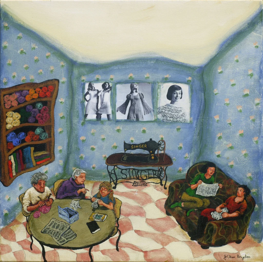 Painting of a room with a cozy atmosphere. Three people knit at a table, while two relax on a couch. Walls feature yarn shelves, vintage sewing machine, and fashion photos.