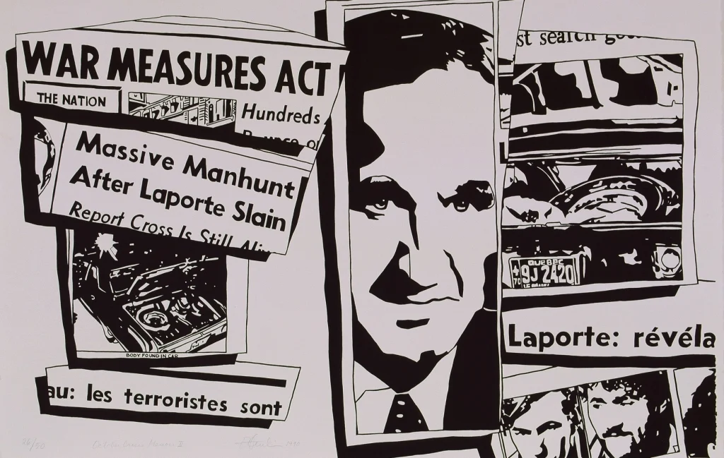 A black-and-white collage-style artwork by Dennis Tourbin features fragmented newspaper headlines and images centered around a man's portrait. Headlines include "WAR MEASURES ACT," "Massive Manhunt After Laporte Slain," and partial French text.