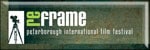 Reframe Film Festival logo. Text reads: "Reframe. Peterborough International Film Festival." White text on a green background. Stylized vintage camera graphic.