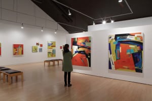 Gallery view of the exhibition Riparian. Multiple abstract paintings by Rowena Dykins installed in the AGP's main gallery.