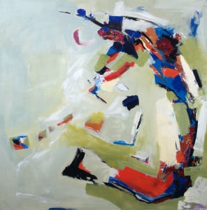 Abstract painting by Rowena Dykins featuring white, blue, green, black, and red gestural brush strokes.