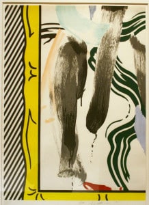 Print by Roy Lichtenstein. Stylized block print yellow frame with gestural paint marks.