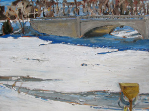 Painting by John Climenhage featuring a bridge in the winter