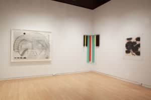 Gallery view of the exhibition New Century Abstracts. Various artworks installed on the walls in AGP's main gallery.
