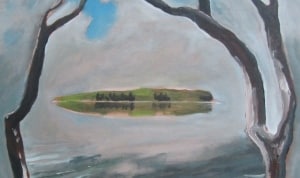 Oil painting by John Climenhage featuring an island framed by a two branches. Gestural brush strokes.