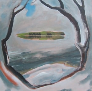 Oil painting by John Climenhage featuring an island framed by a circular branch. Gestural brush strokes.