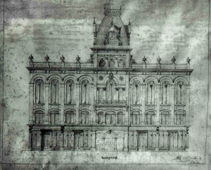 Grayscale drawing of the Bradburn Opera House. Ornate three story building with a clock tower.