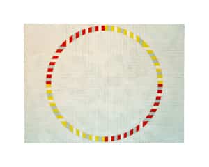 Mixed media work by Joel Davenport. Red, yellow, white, and grey weave creating a circle.