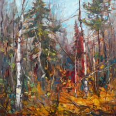 Oil painting by Lucy Manley featuring an autumn landscape. Gestural brush strokes.