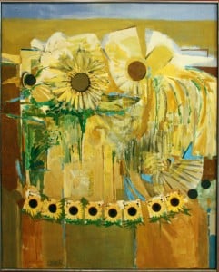 Painting by Joseph Koerner. Abstract rendering of multiple sunflowers.