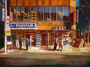 Oil painting by Keita Morimoto depicting a two story brick commercial building. Four people standing on the side walk. Street sign reads: "Pho Pasteur Vietnamese Cuisine."