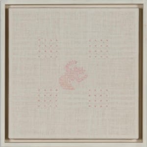 Handwoven linen canvas with four weaved 4 x 4 pink grids and a pink silhouette of a woman by Charlotte Wilson-Hammond and Suzanne Swannie