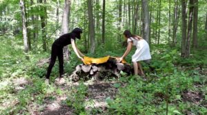 Performance still by Melissa General. Two people laying a yellow cloth over wood in a forrest.