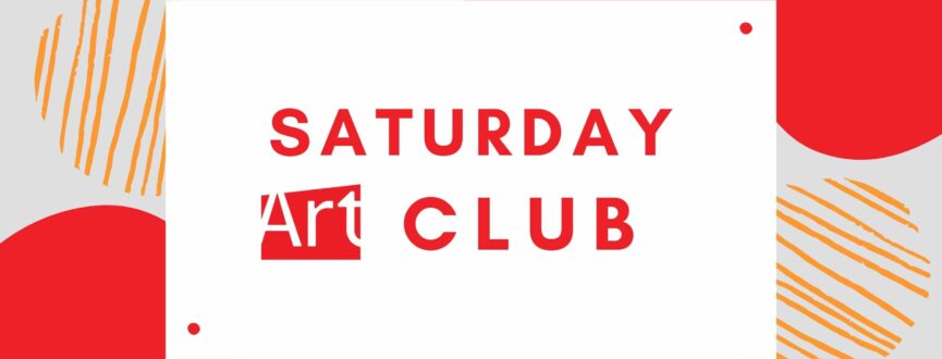Red text that reads: Saturday club, with the AGP logo in red on a white rectangle. Background is a light grey, with round shapes and line in red, pink, and orange