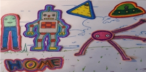 Colourful drawing of a robot, a pyramid, and aliens