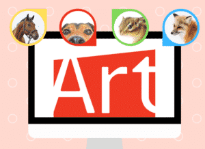 Computer screen with the AGP logo. Yellow, red, green, and blue circles framing a horse, dog, chipmunk, and fox.