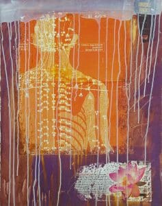 Mixed media work by Ann Beam. White anatomical rendering of a human on an orange background and a pink lotus flower over illegible text. White washed purple background.