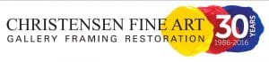 Christensen Fine Art art logo. Yellow, red, and blue paint graphic. Text reads: "Christensen Fine Art Gallery Framing Restoration 30 Years 1986 to 2016."